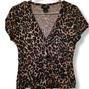 Just Polly New York Size S/M Ladies Short Sleeve Animal Print Button Up Top